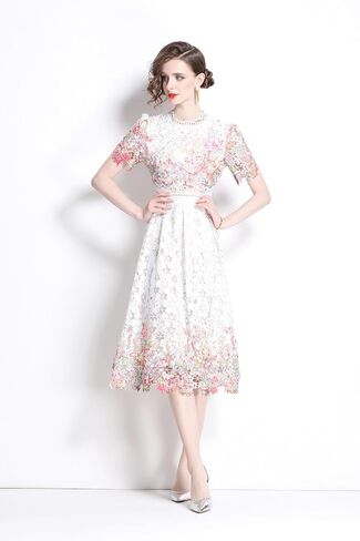 LAI MENG FIVE CATS Women's Lace Floral Short Sleeve Crochet Waist Cocktail Midi Dress in Saudi Arabia