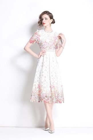 LAI MENG FIVE CATS Women's Lace Floral Short Sleeve Crochet Waist Cocktail Midi Dress in Saudi Arabia