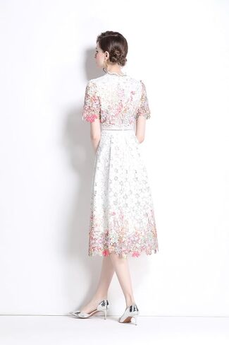 LAI MENG FIVE CATS Women's Lace Floral Short Sleeve Crochet Waist Cocktail Midi Dress in Saudi Arabia