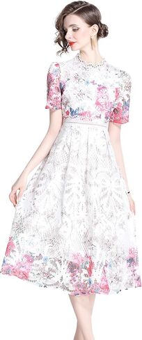 LAI MENG FIVE CATS Women's Lace Floral Short Sleeve Crochet Waist Cocktail Midi Dress in Kuwait