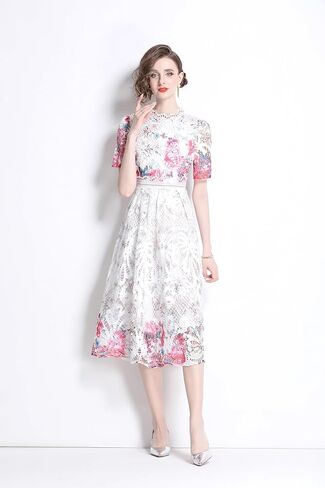 LAI MENG FIVE CATS Women's Lace Floral Short Sleeve Crochet Waist Cocktail Midi Dress in Kuwait