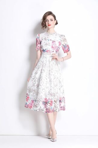 LAI MENG FIVE CATS Women's Lace Floral Short Sleeve Crochet Waist Cocktail Midi Dress in Kuwait