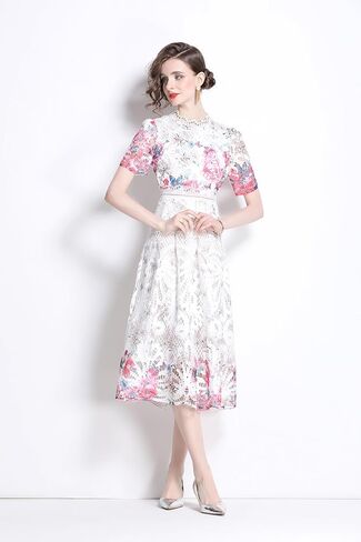 LAI MENG FIVE CATS Women's Lace Floral Short Sleeve Crochet Waist Cocktail Midi Dress in Kuwait