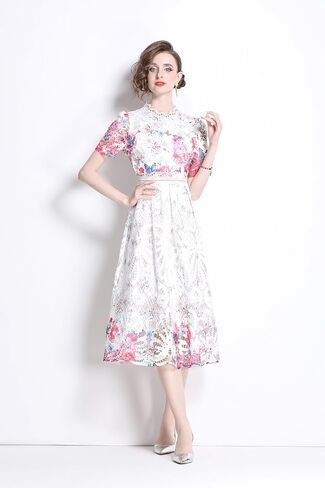 LAI MENG FIVE CATS Women's Lace Floral Short Sleeve Crochet Waist Cocktail Midi Dress in Kuwait