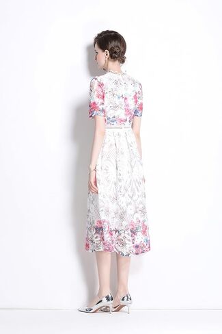 LAI MENG FIVE CATS Women's Lace Floral Short Sleeve Crochet Waist Cocktail Midi Dress in Kuwait