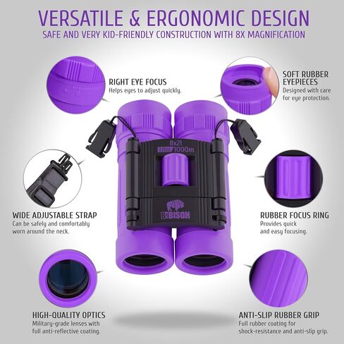 BeBison Binoculars for Kids and Adults - 8x21 High Resolution Real Optics - Compact Folding Shockproof Kids Binoculars for Bird Watching - Spy Games - Outdoor Play for Boys and Girls in Saudi Arabia