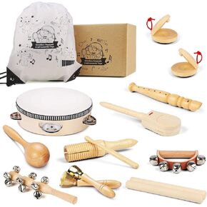 Chriffer Kids Musical Instruments Toys, Percussion Instruments Set with Xylophone, Preschool Educational Music Toys for Boys Girls, Natural Eco-Friendly Wooden Music Set (8)