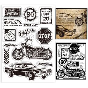 GLOBLELAND Retro Transportation Clear Stamps for DIY Scrapbooking Road Signs Car Motorcycle Silicone Clear Stamp Seals Transparent Stamps for Cards Making Journal Decor