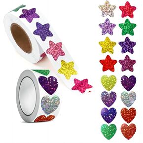 Star Sticker and Heart Sticker Rolls - Teacher Reward Stickers for Kids Classroom Kids' Charts- Holographic Rainbow Glitter Stars and Hearts - Perfect for Crafts and Rewards 1000 pcs 1 Inch