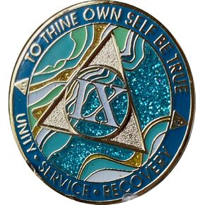 9 Year AA Medallion Elegant Marble Caribbean Aqua Glitter Blue Gold Plated Chip