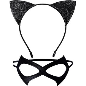 Black Cat Costume for Women Masquerade Cat Mask and Glitter Ears Headband Adult Cat Woman Costume Accessories for Halloween Cosplay