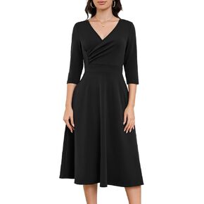Bbonlinedress Women Formal Cocktail Wedding Guest Dress 2024 Wrap 3/4 Long Sleeve Vintage Tea Midi Party Fall Dress