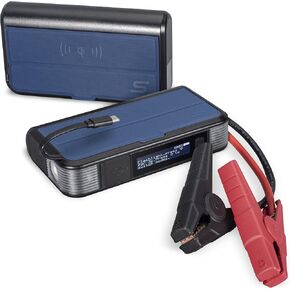 Type S 1000A Car Battery Jump Starter 12V 6.0L Gas 3.0L Diesel, 8000mAh Portable Power Bank Built-in Lightning Cable, MFI Certified, Qi Wireless Charging, LCD, Flashlight, UL-Listed - Blue