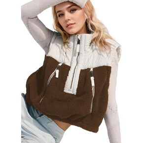 Women's Fuzzy Fleece Cropped Vest Pullover Sleeveless Lightweight Sherpa Vest Warm Half Zip Gilet Outwear with Pocket