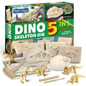 Dinosaur Fossil Digging Kit for Kids, 5-in1 Dinosaur Skeleton Dig Kit for Boys and Girls Age 6+, Science Educational Dinosaur Toys for Kids, Christmas Birthday Gift for Kids 6 7 8 9 Years Old