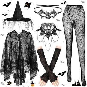 Suhine 6 Pcs Women Halloween Witch Costume Set Bat Cape Spider Web Fishnet Tights Witch Hat Lace Eye Mask Necklace Black Fingerless Gloves for Adult Girls Day of the Dead Goth Costume