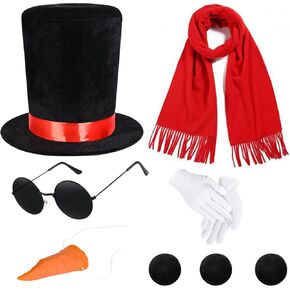 8 Pcs Snowman Costume Accessories Kit Christmas Winter Frosty Costume with Top Hat Scarf Carrot Nose Gloves Pom Pom Balls for Men Women Christmas Cosplay Party Dress up