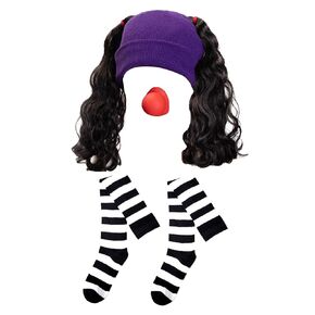 Women Girls Clown Costume Accessory With Purple Hat Wig Black And White Stripes Socks Clown Nose Animation Halloween Cosplay (Loonette)