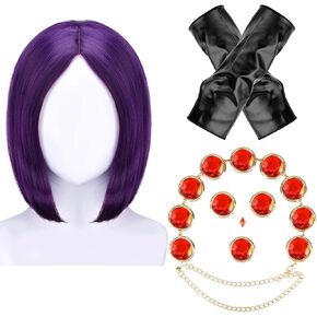 7Pcs Short Purple Wig for Women Adjustable Red Stones Waist Belt Faux Leather Gloves for Halloween Cosplay Accessories