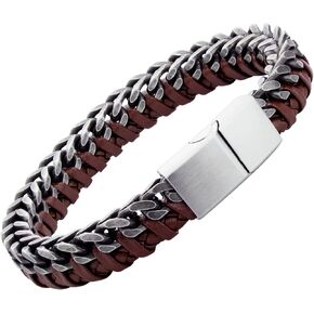 555Jewelry Stainless Steel Braided Leather & Cuban Link Chain Bracelet for Men