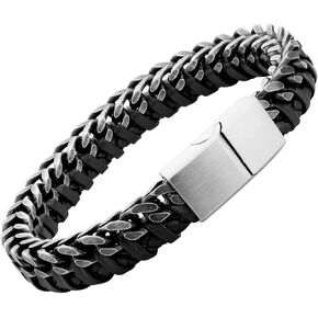 555Jewelry Stainless Steel Braided Leather & Cuban Link Chain Bracelet for Men