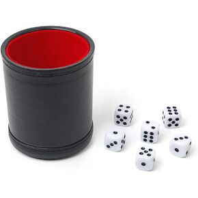 Dice Cup with Lid, PU Leather and Felt-Lined, Quiet Shaker for Yahtzee Farkle Dice Board Games, Set of Six 16mm Dice Included (Black-Lid) in Saudi Arabia