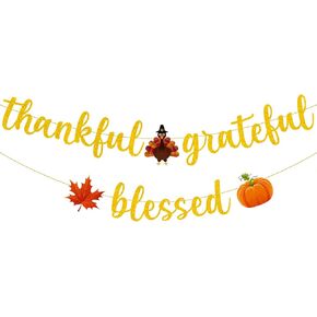 CAVLA Glitter Thankful Grateful Blessed Banner Gold Glittery Thanksgiving Day Fall Garland Banner with Turkey Maple Leaves and Pumpkin Signs Friendsgiving Turkey Day Wall Fireplace Party Decorations