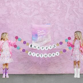 Music fans theme Birthday Party Banner Pink purple tearl gold with happy birthday Girl's Birthday Decoration singer friendship Bracelets Shape Banner for Pop singer concert Party Supplies