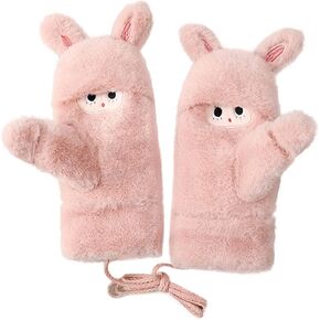 Women Winter Faux Fur Mittens Cartoon Animal Cat Face Mittens Soft Fluffy Warm Fleece Lining Gloves