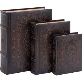 Deco 79 Wooden Decorative Box Faux Storage Book Book Shaped Boxes with Faux Leather Detailing, Set of 3 Decorative Keepsake Boxes 13", 10", 8"H, Dark Brown