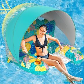 Inflatable Pool Floats Adult with Canopy, XL Pool Chair Lounge Float Raft Heavy Duty with Sun Shade, Cup Holders, Water Pool Floaties for Women, Swimming Pool Toys Floats for Lake, Beach