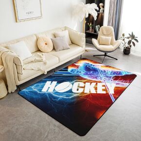 Erosebridal Ice Hockey Area Rug 5x7,Puck Hockey Player Non Slip Rug for Kids Boys Girls Teens,Red Blue Lightening Indoor Floor Mat,Winter Sports Game Carpet Bedroom Living Room Decor for All Season