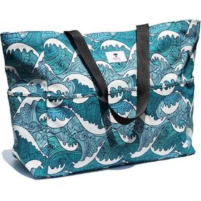 ESVAN Large Foldable Beach Bag for for Women with Dry Wet Compartment Waterproof Sandproof Travel Gym Picnic Handbag