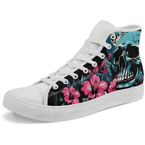 Unisex Fashion Skull High Top Sneakers Classic Lace-Up Canvas Shoes,Casual Cool Hip Hop Tennis Walking Shoes for Men Women