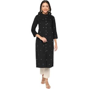 BARARA Women's Cotton Sequin Kurta Set, 3/4 Sleeve, Round Neck, Sequin Print, Casual Indian Kurti Set (Kurti, Pant) - Black