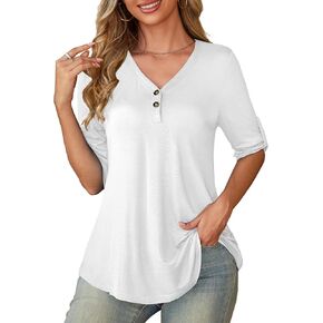 بلوزات نسائية OmicGot مقاس كبير 3/4 كم لفة ورقبة على شكل حرف V وزر كاجوال تونيك علوي M-4XL in Kuwait