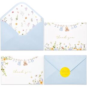 Crisky Baby Shower Pink Gold Thank You Cards (50 Pack) with Envelopes & Stickers Girl Baby Shower Greeting Cards Bulk, Watercolor Delicate Wildflower for Baby Shower Party
