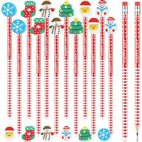 60 Pieces Christmas Pencils Bulk with Eraser Toppers Wooden Pencil Cute Pencils Birthday Pencils for Students Fun Pencils for Kids Bulk School Supplies and Children Prize Gifts, 6 Style