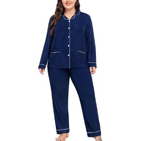 SWOMOG Women's Plus Size Pajamas Set with 2 Pockets Long Sleeve Button Down Sleepwear Soft PJs Pants Postpartum Lounge Sets