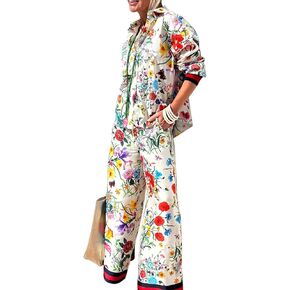 LILTWIST Summer Graffiti Pants Sets for Women Boho Printed 2 Piece Wide Leg Pajama Set Button down Shirts Matching Beach Set