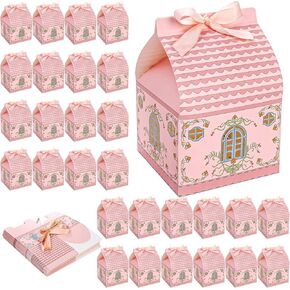 50 Pieces House Shaped Gift Boxes, Large Party Favor Treat Box with Handle Ribbons, 5.7 X 5.7 x 8.7 Inch Pink Snack Goodie Cake Treat Containers for Birthday, Wedding, Christmas