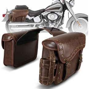 NICECNC Motorcycle Saddle Bags, PU leather Motorcycle Saddlebags, Reinforced Straps & Saddle Piece, with Cup Holder, Throw Over Saddle Bags Side Bags Universal Motorcycle Accessories, BROWN