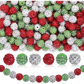 120Pcs Christmas Rhinestone Clay Bead 10mm Red Green White Loose Bead Sparkle Disco Ball Spacer Bead for Xmas Winter DIY Necklaces Bracelet Keychain Jewelry Making
