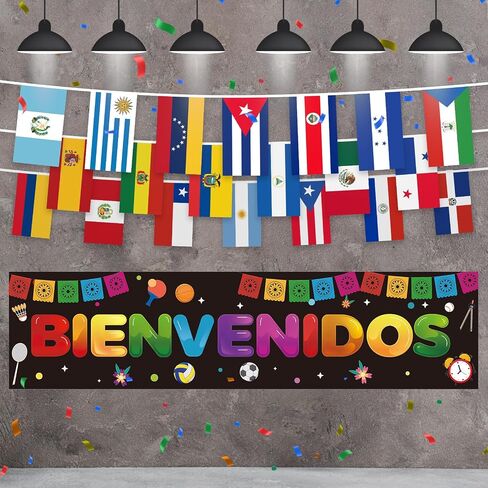 أمريكا اللاتينية 21 دولة ناطقة بالإسبانية أعلام سلسلة مع Bienvenidos لافتة إسبانية ملهمة ديكور حائط إسباني ترحيب ملصقات تحفيزية الفصول الدراسية مكتب لوحة الإعلانات الزينة in Saudi Arabia