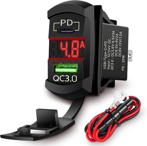 Rocker Switch USB Type C Charger with 2024 New Updated Ammeter and Voltmeter Universal Fits Rocker Switch Panel 12V 24V Dual USB Charging Port for RV Cars Marine Boats ATVs Trailers in Kuwait