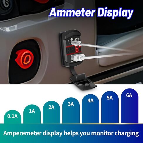 Rocker Switch USB Type C Charger with 2024 New Updated Ammeter and Voltmeter Universal Fits Rocker Switch Panel 12V 24V Dual USB Charging Port for RV Cars Marine Boats ATVs Trailers in Kuwait