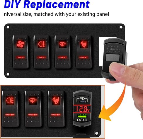 Rocker Switch USB Type C Charger with 2024 New Updated Ammeter and Voltmeter Universal Fits Rocker Switch Panel 12V 24V Dual USB Charging Port for RV Cars Marine Boats ATVs Trailers in Kuwait