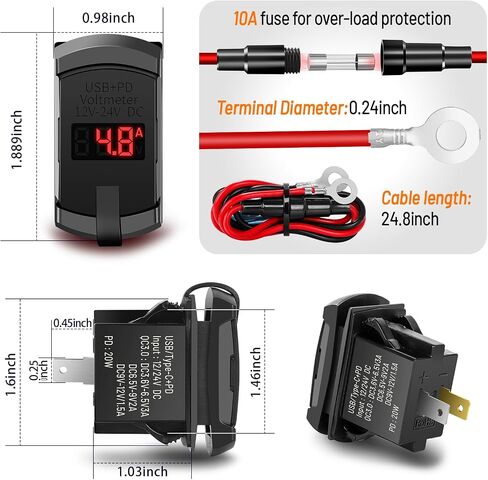 Rocker Switch USB Type C Charger with 2024 New Updated Ammeter and Voltmeter Universal Fits Rocker Switch Panel 12V 24V Dual USB Charging Port for RV Cars Marine Boats ATVs Trailers in Kuwait