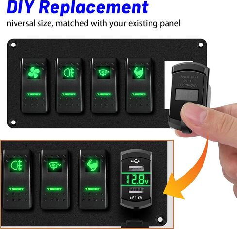 Rocker Switch USB Type C Charger with 2024 New Updated Ammeter and Voltmeter Universal Fits Rocker Switch Panel 12V 24V Dual USB Charging Port for RV Cars Marine Boats ATVs Trailers in Kuwait