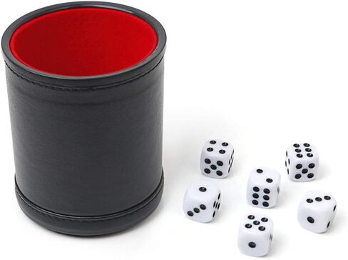 Dice Cup with Lid, PU Leather and Felt-Lined, Quiet Shaker for Yahtzee Farkle Dice Board Games, Set of Six 16mm Dice Included (Black-Lid) in Saudi Arabia